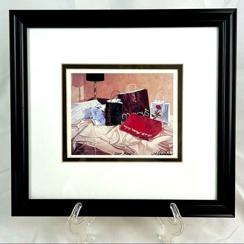Elegant Shopping Bags Framed Art Print with Red and Black Accents